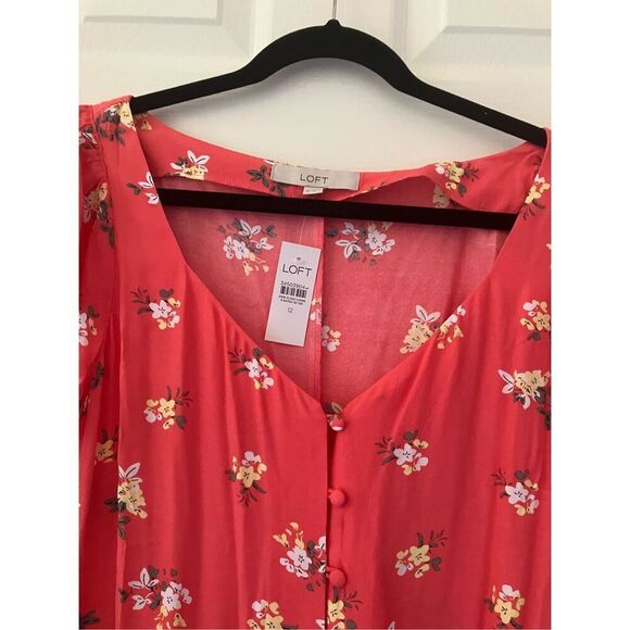 Loft Floral Cap Sleeve Button Midi Dress Coral size 12 *Semi-sheer* - Picture 4 of 7